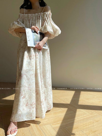 Aconiconi｜ French Retro Print Off-Shoulder Long Dress