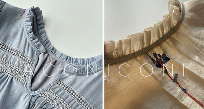 Aconiconi｜Blue Hibiscus  Embroidery Linen Dress