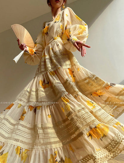 Aconiconi｜Lemon Blossom Printed Lace Skirt Suit