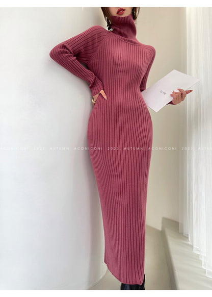 Aconiconi｜ Turtleneck and V-neck Knitted Long Slim Fit Dress
