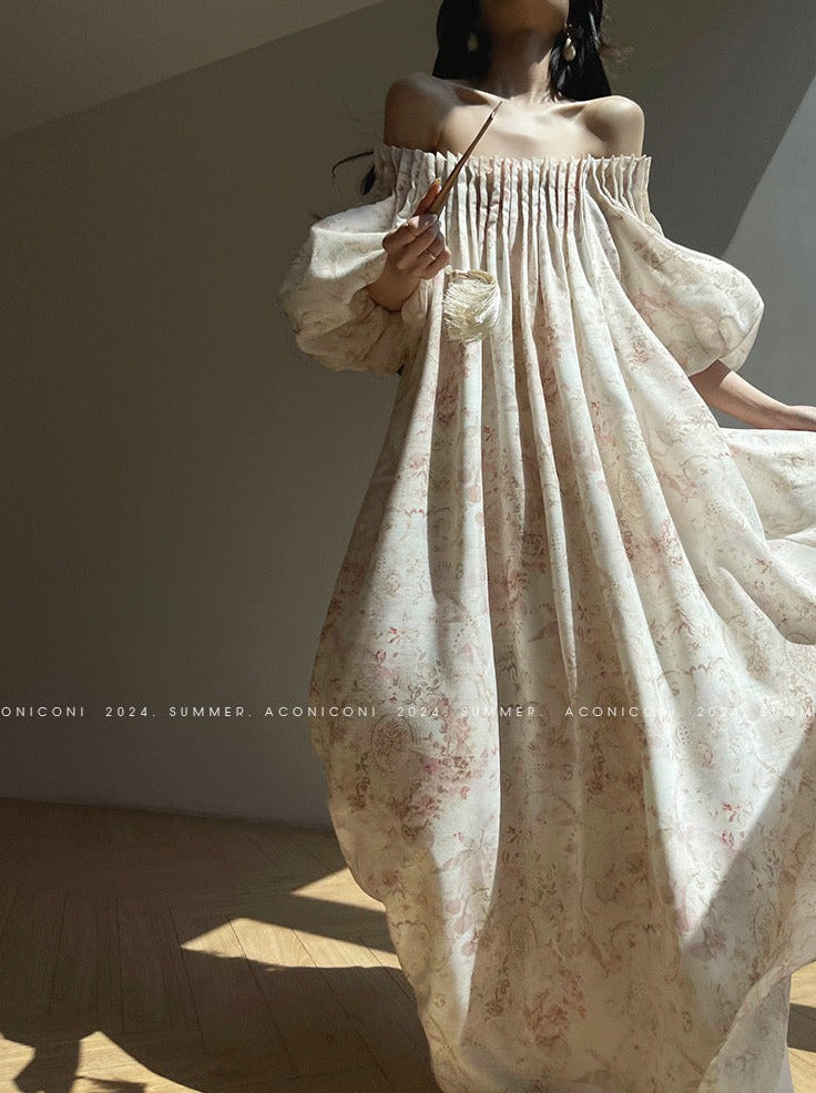 Aconiconi｜ French Retro Print Off-Shoulder Long Dress