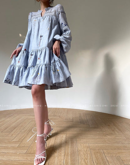 Aconiconi｜Blue Hibiscus  Embroidery Linen Dress