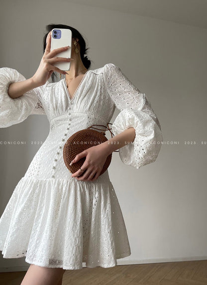Aconiconi｜White Indigo Smoked Lace Cotton Dress