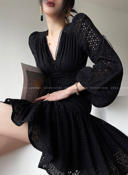 Aconiconi｜White Indigo Smoked Lace Cotton Dress