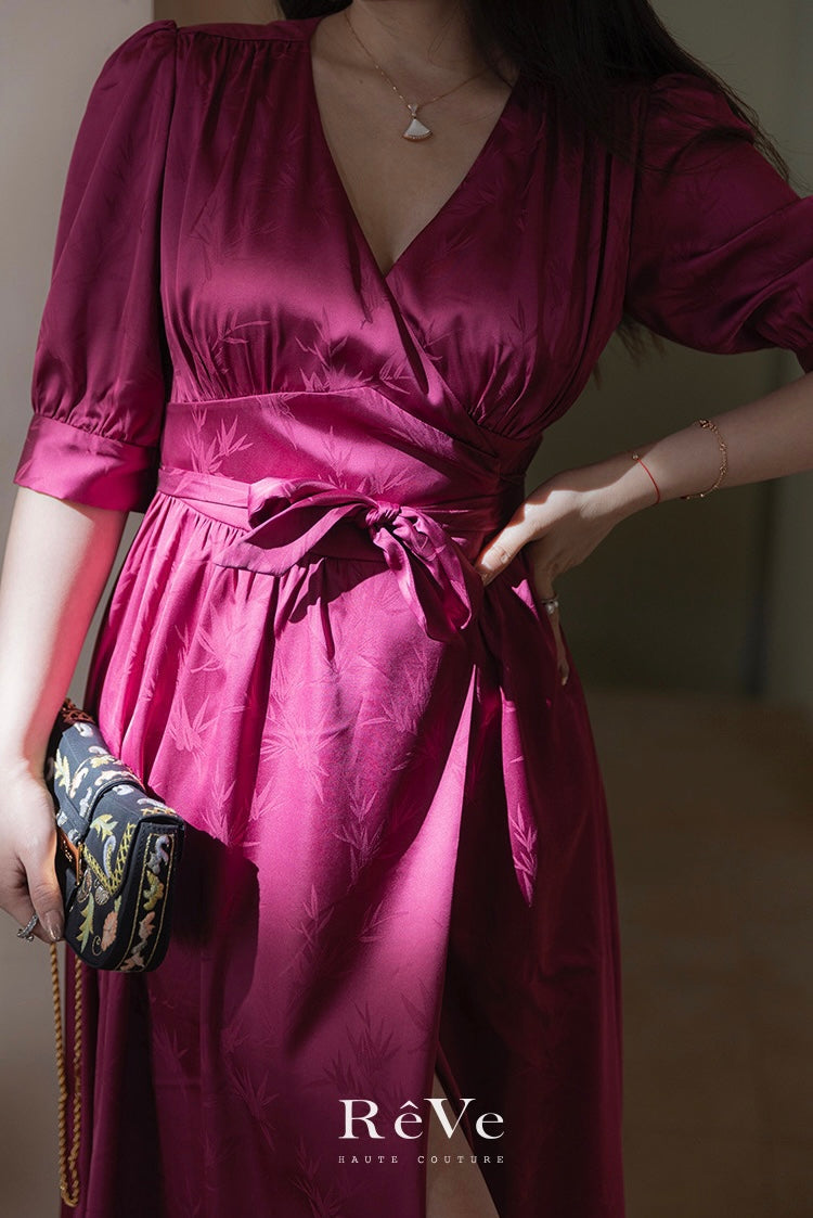 ReVe | Burgundy Rose Pattern Jacquard Phoenix Satin Dress