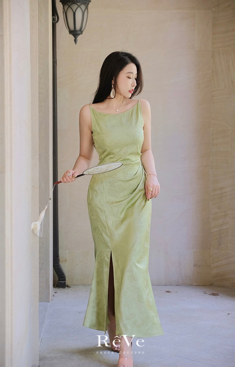 ReVe | Oriental Dark Pattern Peony Jacquard Phoenix Satin Suspender Dress