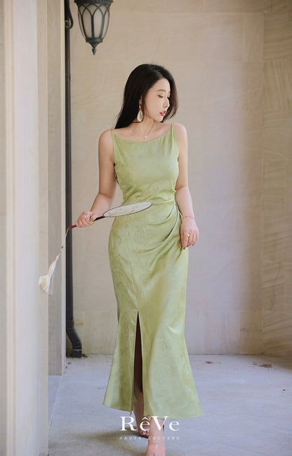 ReVe | Oriental Dark Pattern Peony Jacquard Phoenix Satin Suspender Dress