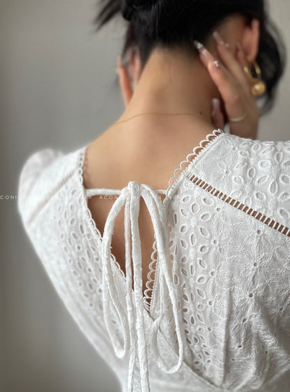 Aconiconi｜White Indigo Smoked Lace Cotton Dress