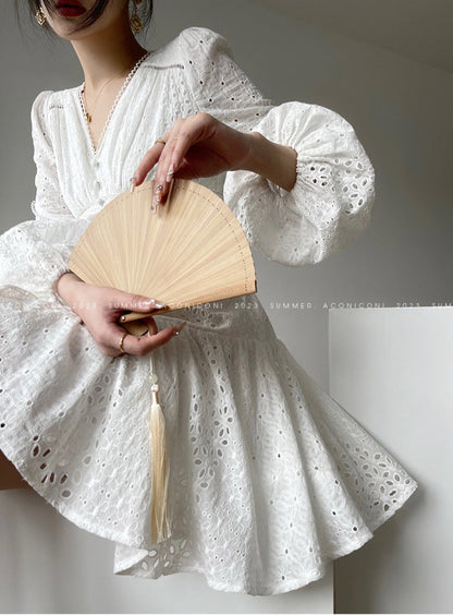 Aconiconi｜White Indigo Smoked Lace Cotton Dress