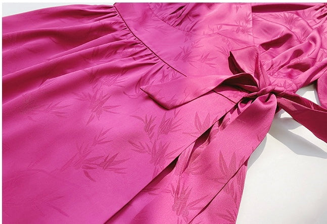 ReVe | Burgundy Rose Pattern Jacquard Phoenix Satin Dress