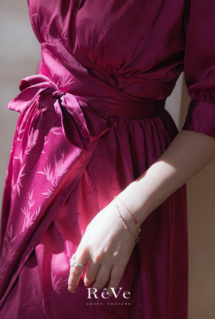 ReVe | Burgundy Rose Pattern Jacquard Phoenix Satin Dress