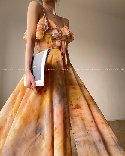 Aconiconi｜Floating Painting Summer Suspender Dress