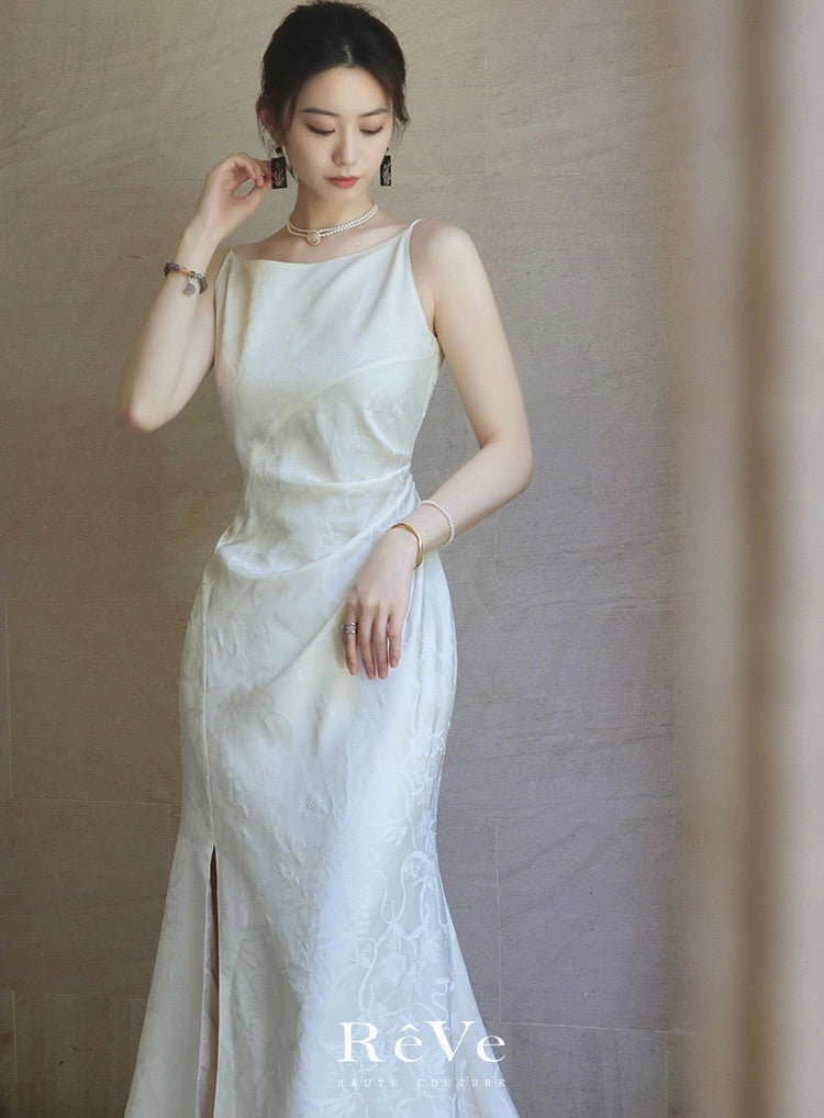 ReVe | Oriental Dark Pattern Peony Jacquard Phoenix Satin Suspender Dress