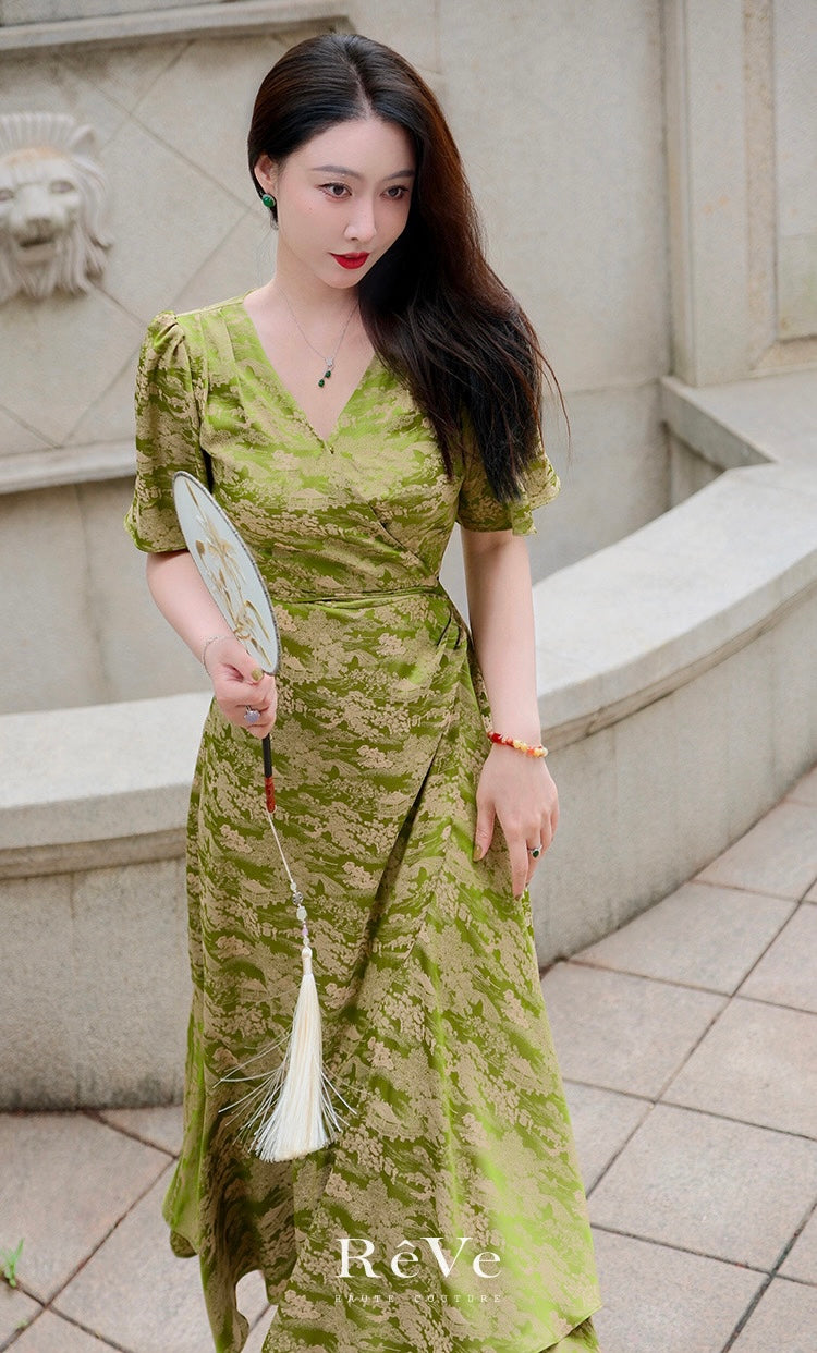 chinese print satin dress Modern Cheongsam Qipao Dress | 88.7% Silk + Spandex | Back Zipper