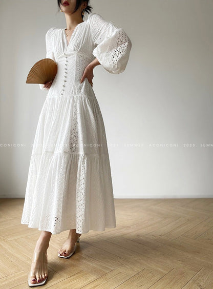 Aconiconi｜White Indigo Smoked Lace Cotton Dress