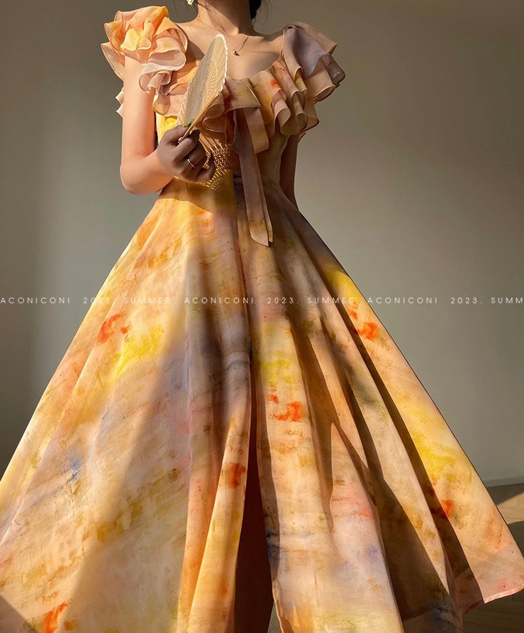 Aconiconi｜Floating Painting Summer Suspender Dress