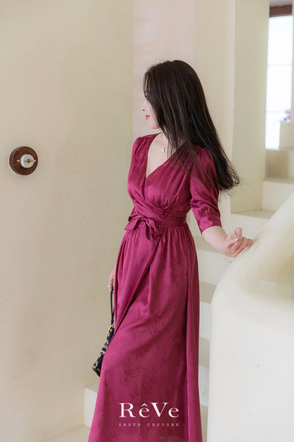 ReVe | Burgundy Rose Pattern Jacquard Phoenix Satin Dress