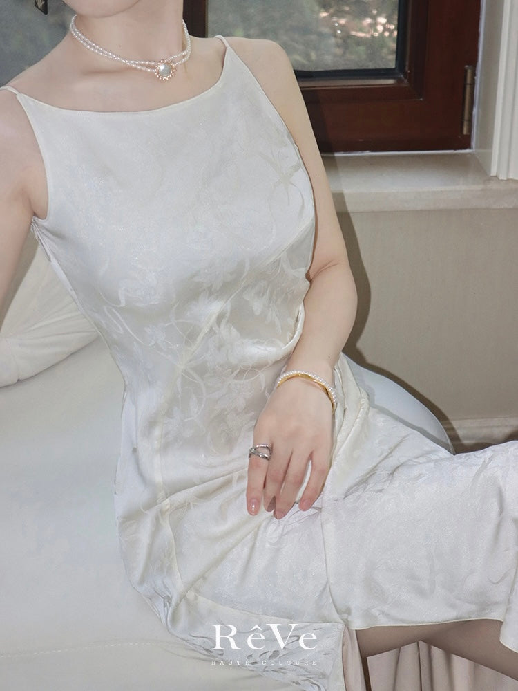 ReVe | Oriental Dark Pattern Peony Jacquard Phoenix Satin Suspender Dress