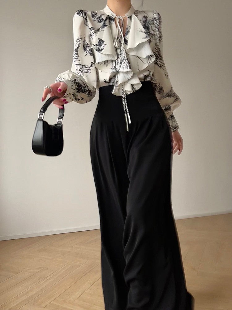 Aconiconi｜French Printing Imitation Retro Ruffle Shirt Top