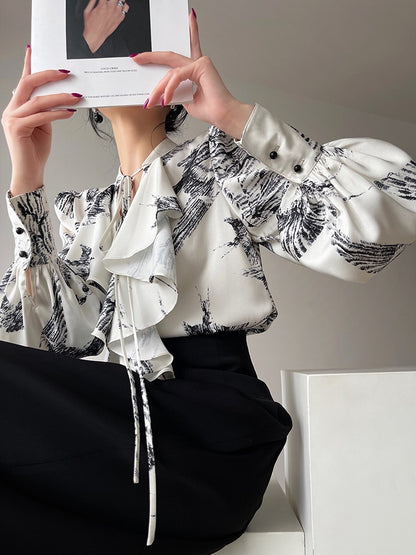 Aconiconi｜French Printing Imitation Retro Ruffle Shirt Top