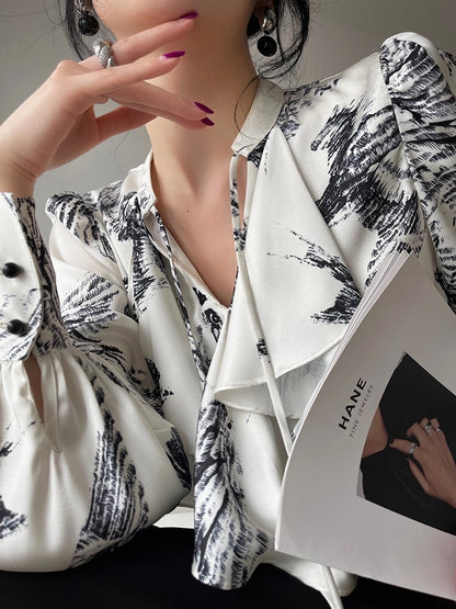 Aconiconi｜French Printing Imitation Retro Ruffle Shirt Top