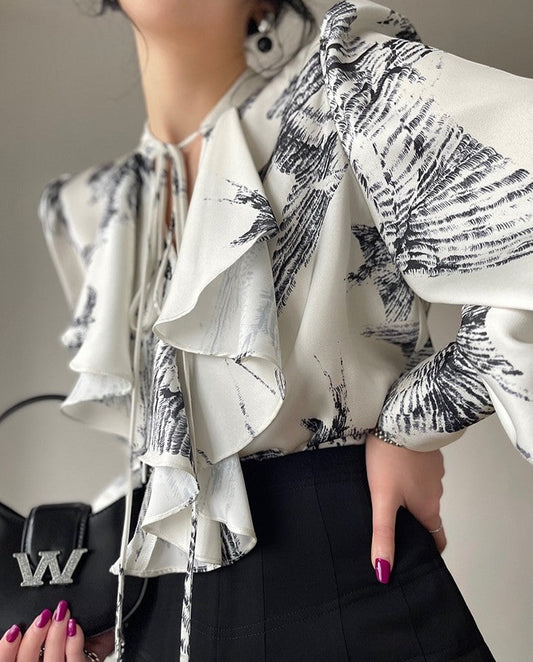 Aconiconi｜French Printing Imitation Retro Ruffle Shirt Top