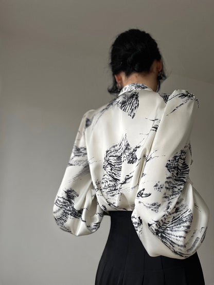 Aconiconi｜French Printing Imitation Retro Ruffle Shirt Top