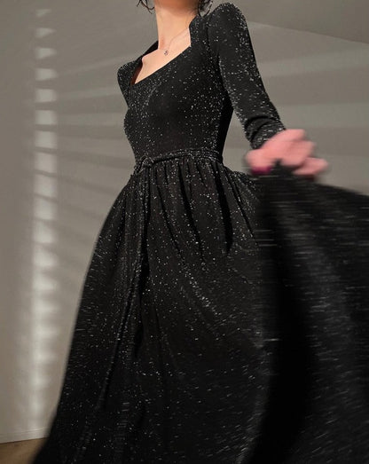 Aconiconi | Shimmer Prelude French Square Neck Long Dress