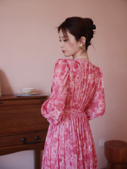 ReVe | Cherry Blossom Floral Chiffon Long-Sleeved Dress