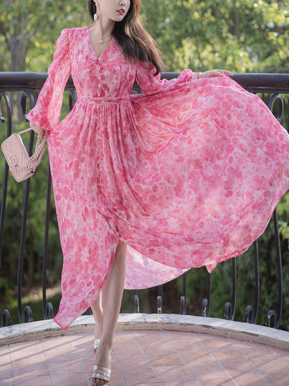 ReVe | Cherry Blossom Floral Chiffon Long-Sleeved Dress