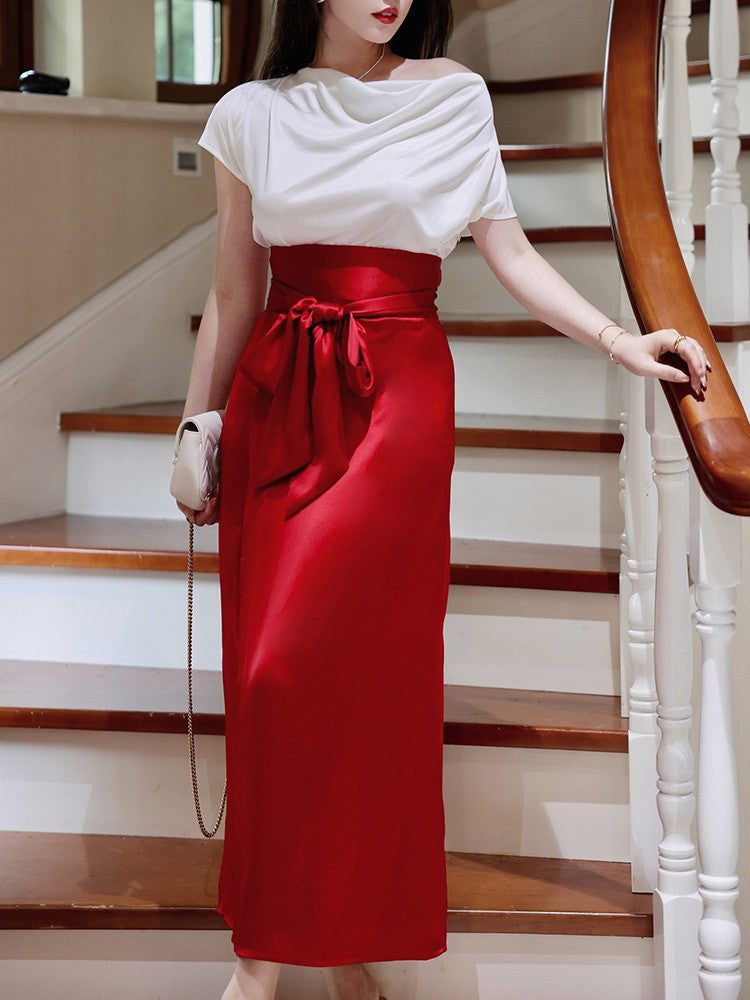 ReVe | Satin Cross Strap High Waist Temperament Skirt