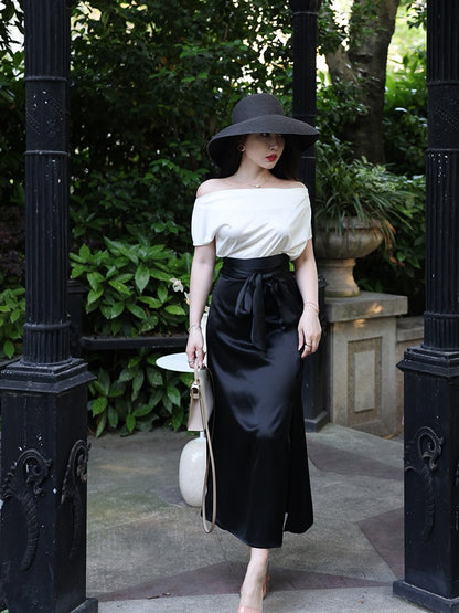 ReVe | Satin Cross Strap High Waist Temperament Skirt