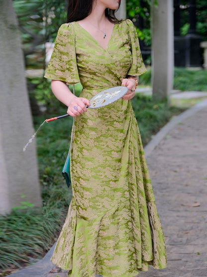 ReVe | New Chinese-Style Dark Pattern Jacquard Phoenix Satin Dress