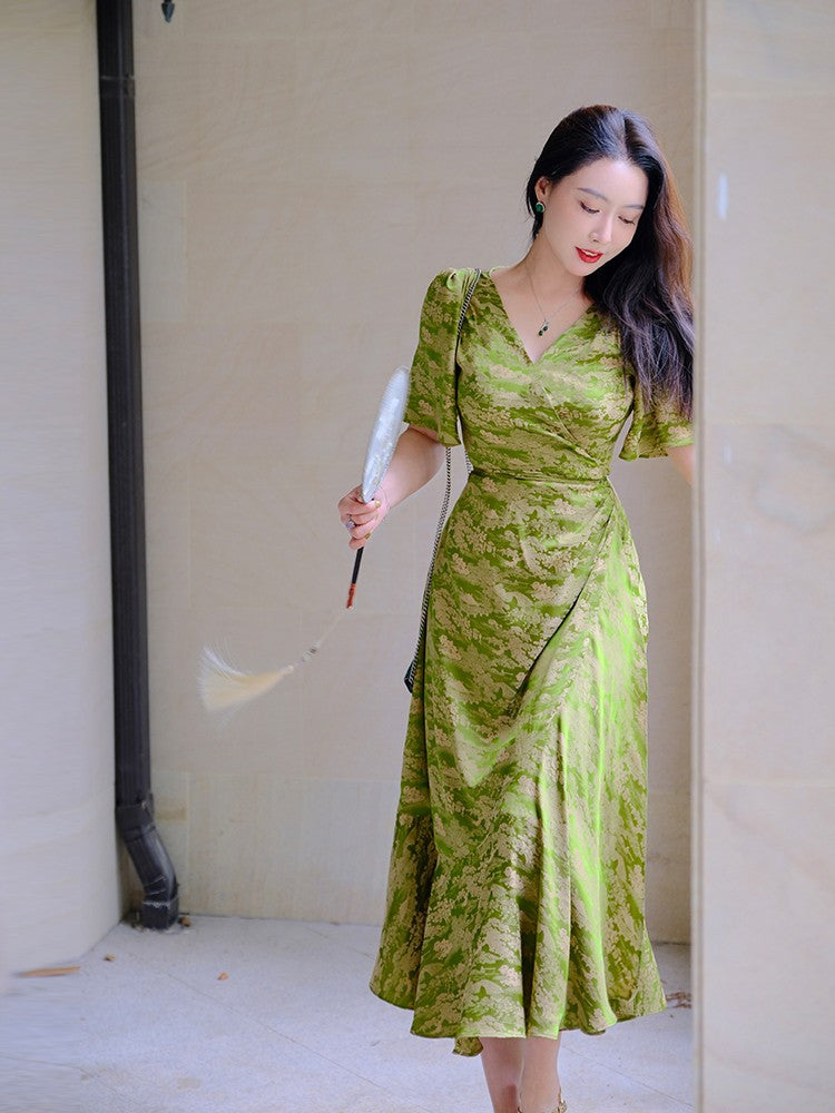 ReVe | New Chinese-Style Dark Pattern Jacquard Phoenix Satin Dress