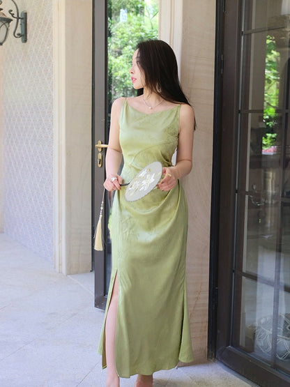 ReVe | Oriental Dark Pattern Peony Jacquard Phoenix Satin Suspender Dress