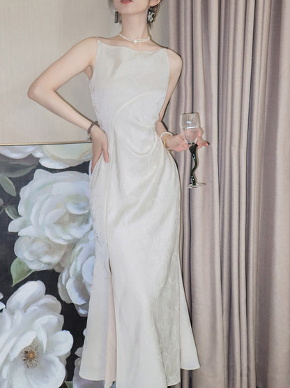 ReVe | Oriental Dark Pattern Peony Jacquard Phoenix Satin Suspender Dress