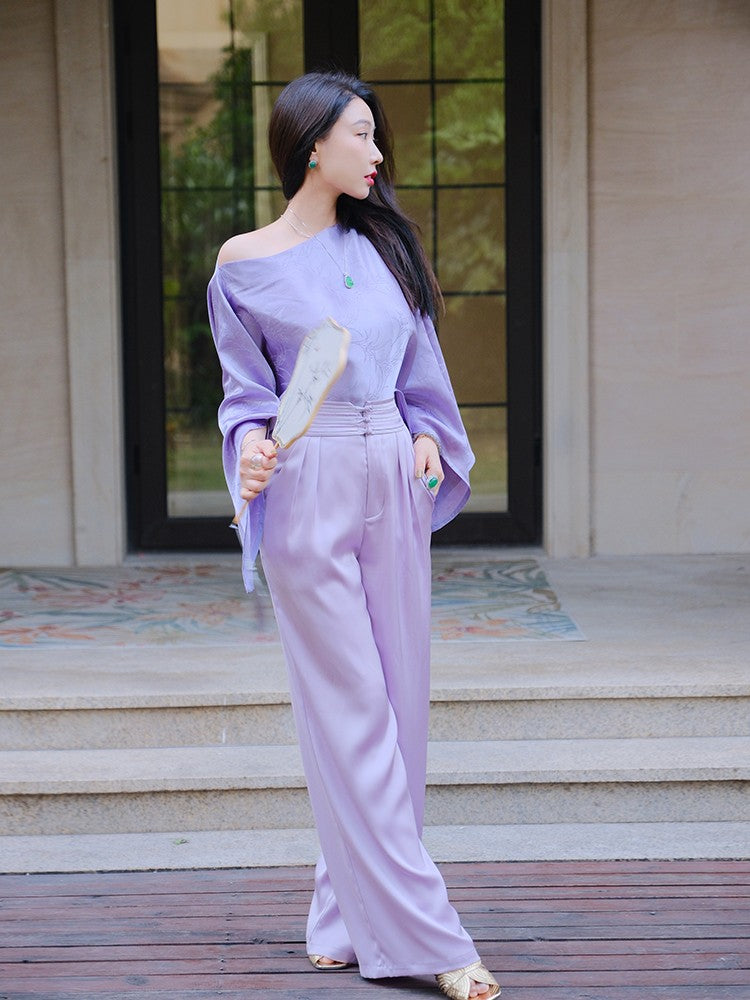 ReVe | Rose Purple Phoenix Satin Pleated Waist Wide Leg Pants