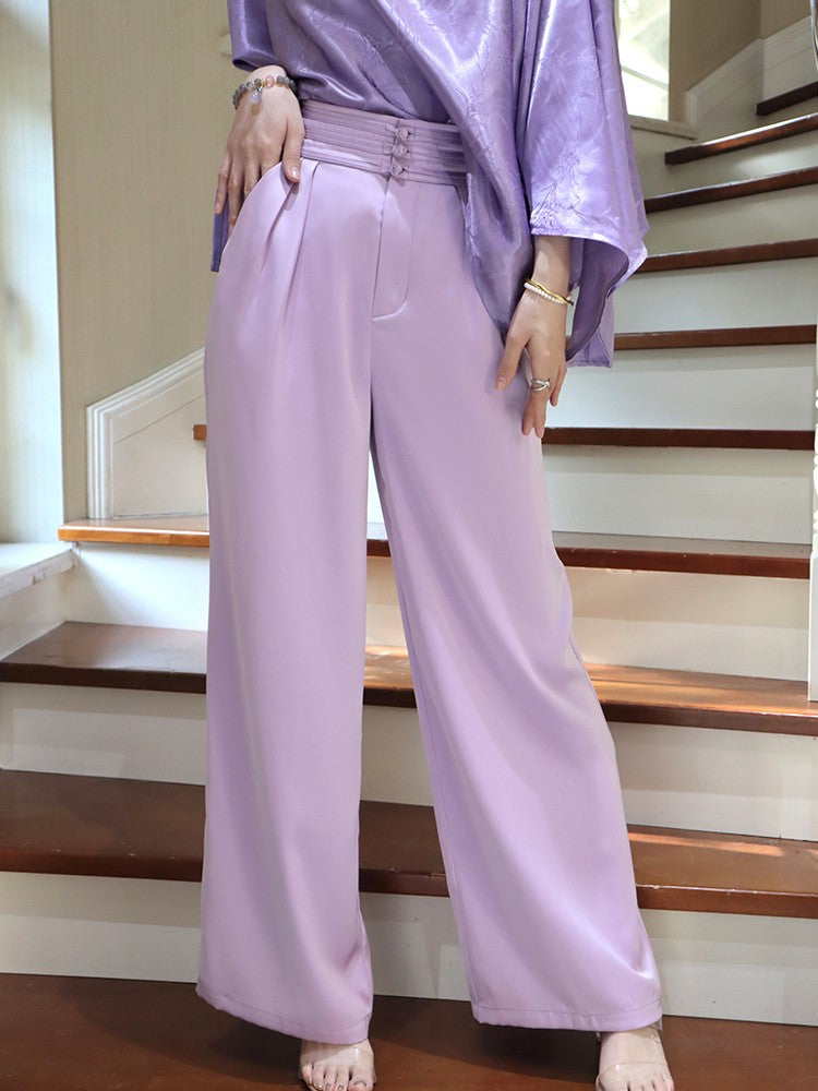 ReVe | Rose Purple Phoenix Satin Pleated Waist Wide Leg Pants