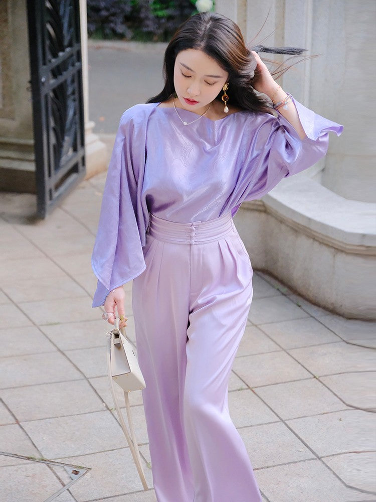 ReVe | Rose Purple Phoenix Satin Pleated Waist Wide Leg Pants