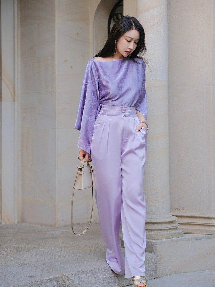 ReVe | Rose Purple Phoenix Satin Pleated Waist Wide Leg Pants