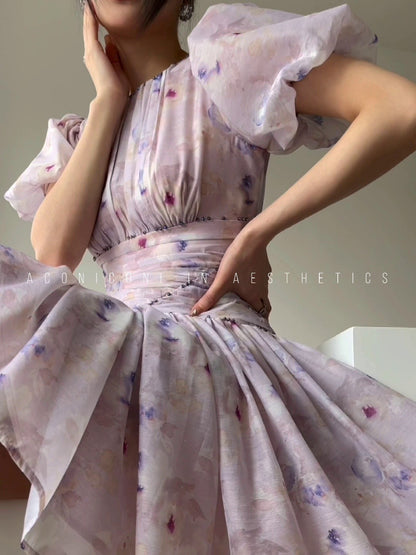 Aconiconi｜Butterfly Dance Wind Firefly French Short Sleeve Dress