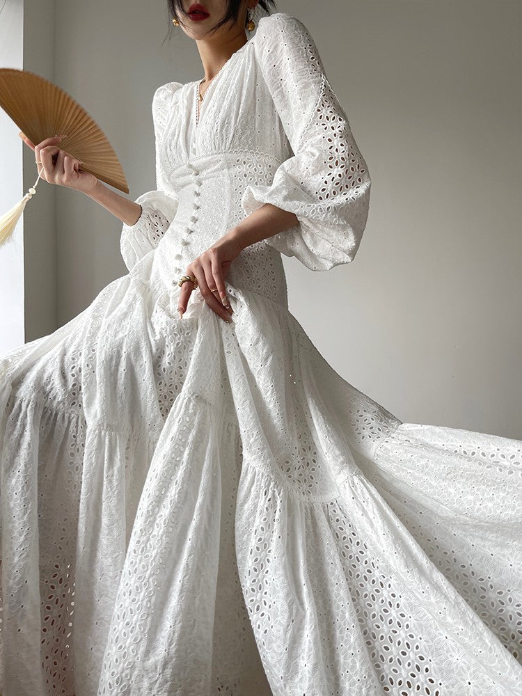 Aconiconi｜White Indigo Smoked Lace Cotton Dress