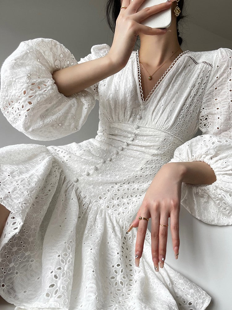 Aconiconi｜White Indigo Smoked Lace Cotton Dress