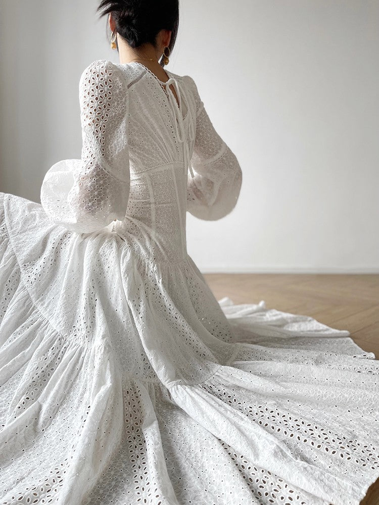 Aconiconi｜White Indigo Smoked Lace Cotton Dress