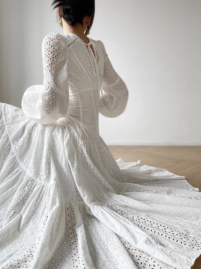 Aconiconi｜White Indigo Smoked Lace Cotton Dress