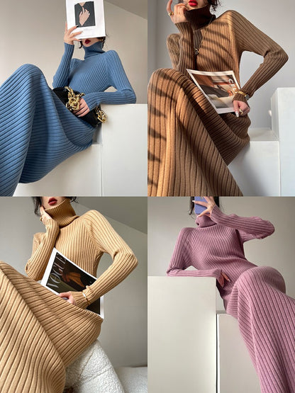 Aconiconi｜ Turtleneck and V-neck Knitted Long Slim Fit Dress