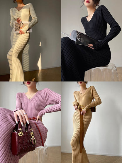 Aconiconi｜ Turtleneck and V-neck Knitted Long Slim Fit Dress