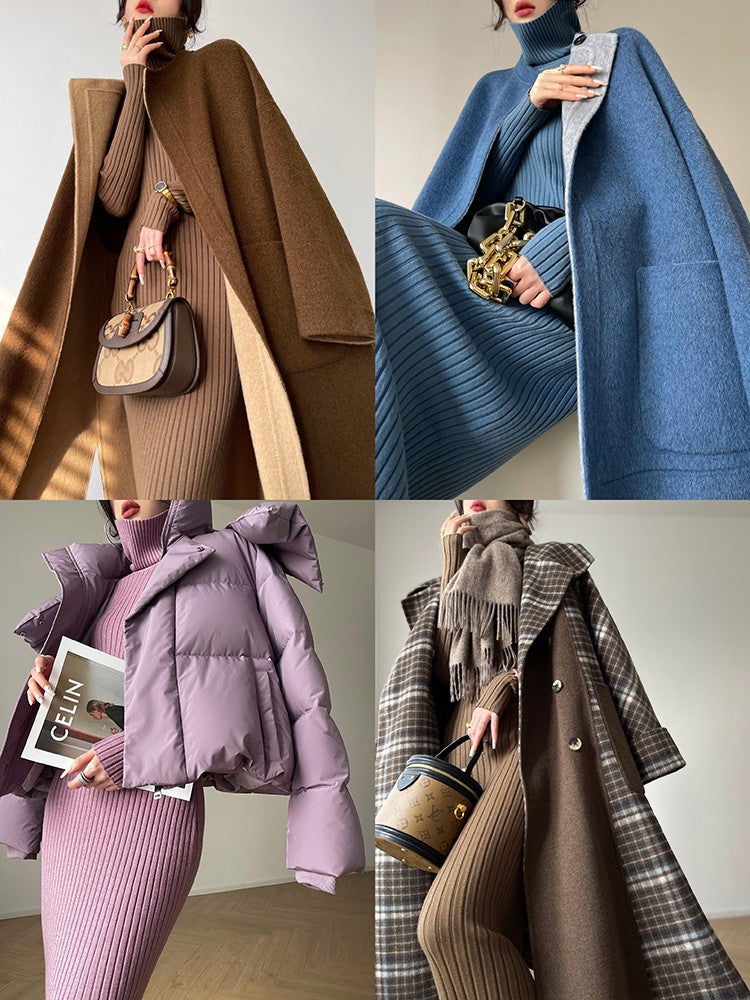 Aconiconi｜ Turtleneck and V-neck Knitted Long Slim Fit Dress