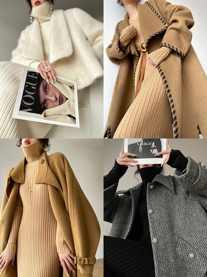 Aconiconi｜ Turtleneck and V-neck Knitted Long Slim Fit Dress