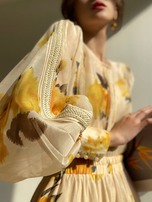 Aconiconi｜Lemon Blossom Printed Lace Skirt Suit